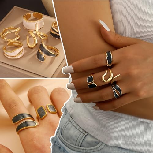 KISS WIFE Gold Rings for Women, Chunky Adjustable Rings Set, Stackable Finger Ring Pack, Open Fashion Anillos Para Mujer Y2K Accessories Dripping-Paint Pearlized Finish Leaf Ring Stack Jewelry Gift4