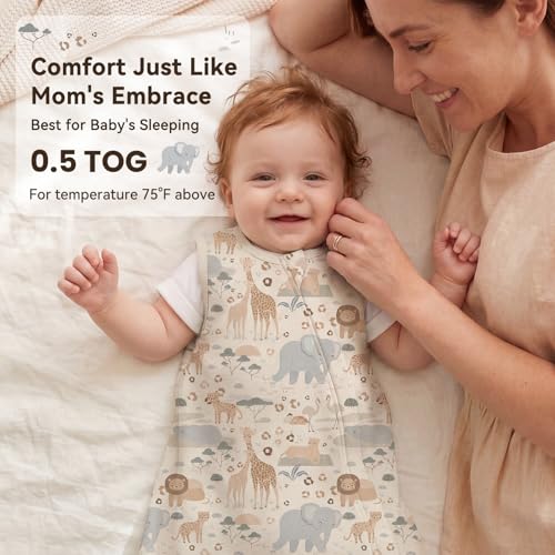 Image of Baby Sleep Sack 6-12 Months 0.5 Tog Baby Wearable Blanket 100% Cotton Sleeping Sack with 2-Way Zipper for Newborn Infant Apricot Gray Elephant