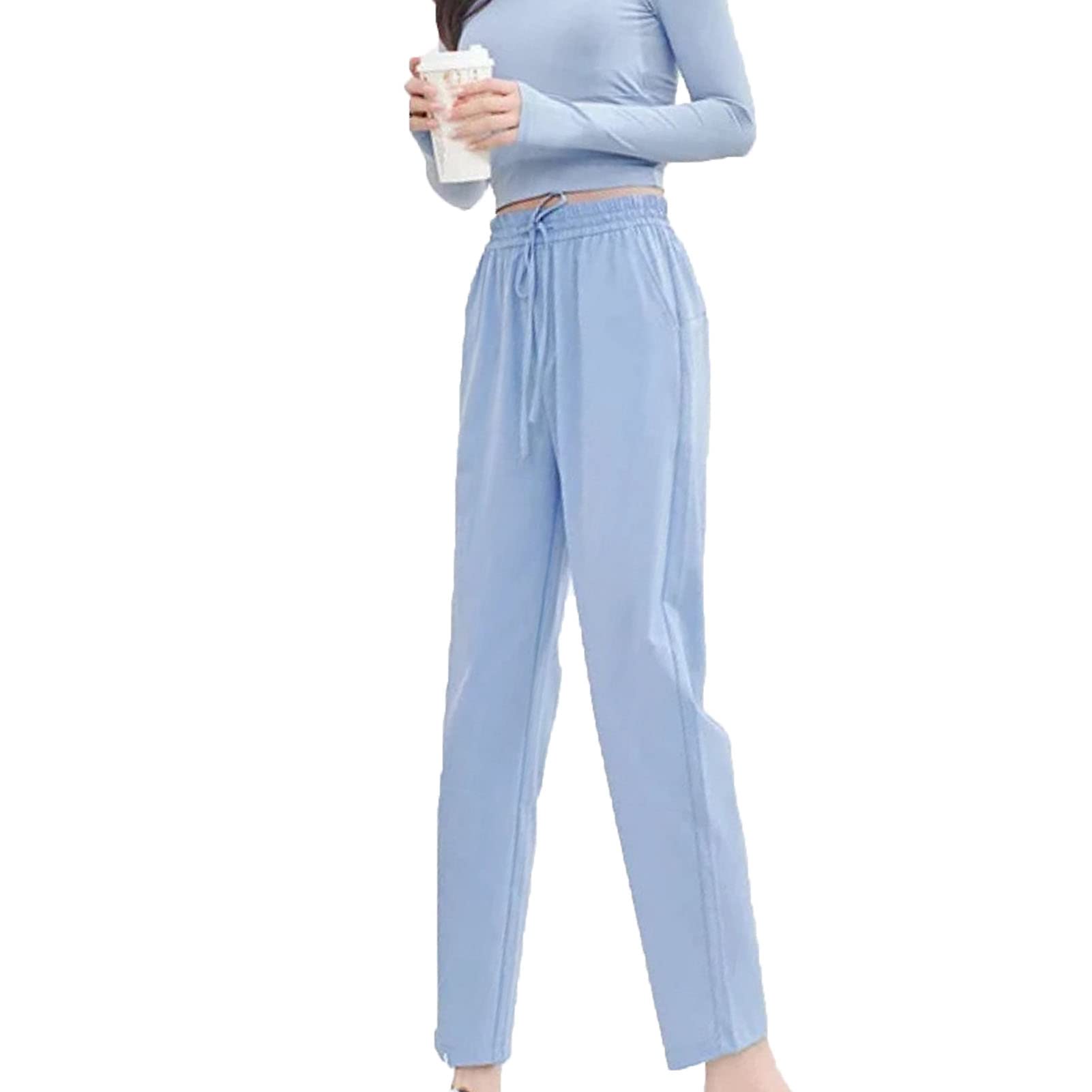 Maiyifu-GJ Women Drawstring Casual Stretch Ankle Pants Casual Straight Leg Lounge Sweatpants Stretch Running Athletic Trouser (Light Blue,Large)