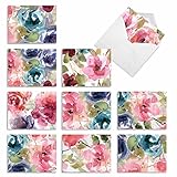 10 Watercolor Note Cards w/Envelopes, Assorted 'Lush Blooms' Blank Greeting Cards 4 x 5.12 inch, Beautiful All Occasion Stationery for Weddings, Baby Showers, Sympathy M6591OCB
