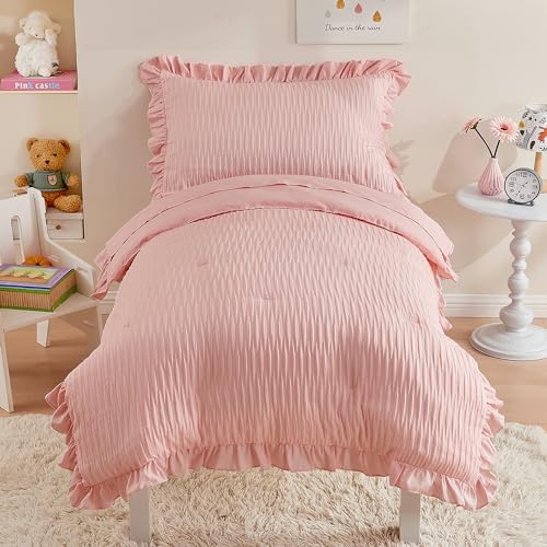 Image of Cozyholy 4 Piece Textured Seersucker Toddler Bedding Set Girls Crib Sheets Set Pink Ruffle Baby Bed Comforter Set Lightweight Bed in a Bag | Include Comforter, Flat Sheet, Fitted Sheet, Pillowcase