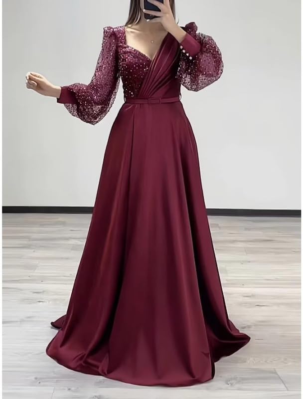 Prom Dresses for Women Satin Long Sleeves Puffy Formal Bridesmaid Dresses Sparkly Sequin Formal Evening Party Gowns4