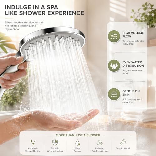 Image of Amazon Basics 5 Function Hand Shower for Bath with 1m Tube & Wall Hook | Anti-Clog Silicone Nozzels with High Pressure | Handshower for Bathroom | Silver- Full Set