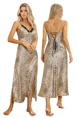 Image of ALCEA ROSEA Women Silk Satin Nightgown Sexy Lace Chemise Lingerie Long Sleepdress for Ladies Sleepwear Slip Negligee