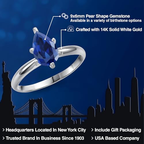 Gem Stone King 14K White Gold Pear Shape 9X6MM Gemstone Birthstone Solitaire Engagement Ring | Wedding Anniversary Promise Gold Ring For Women | Available In Size 5, 6, 7, 8, 92