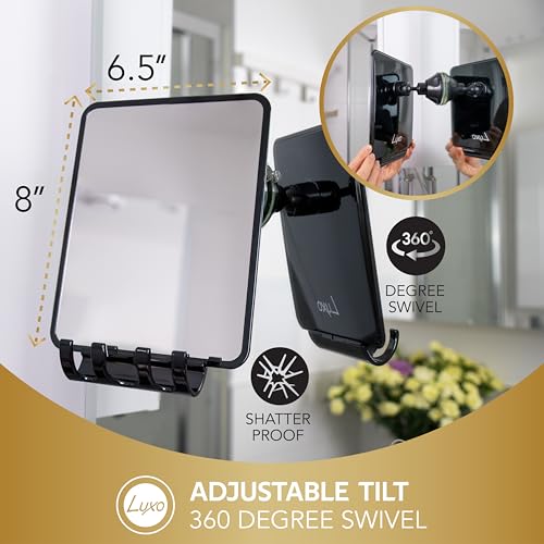 Image of Luxo Shower Mirror, Shower Mirror fogless for Shaving with a Removable Razor Holder - Shaving Mirror for Shower with a Powerful Suction Cup - Shatterproof fogless Mirror for Shower (Black)
