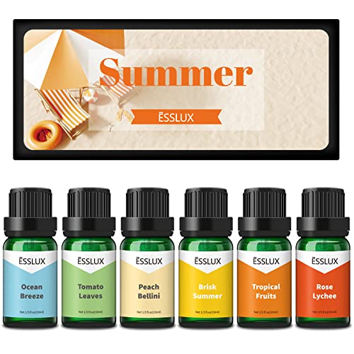 Aceites Aromáticos de Verano, ESSLUX Premium Aceites para Velas para Difusor, 6x10ml Set(Verano vigoroso, Brisa marina, Melocotón Bellini, Lichi rosa, Hojas de tomate, Frutas tropicales) Cover