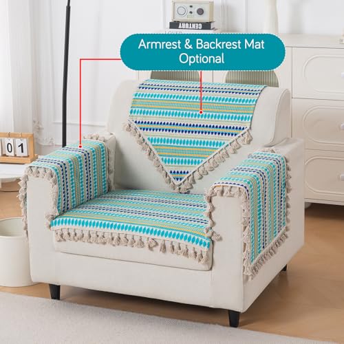Image of HOKIPO 'Artisan Boho Series' Sofa Cover Mat with Tassel for 1 Seater Sofa | 450 GSM Thick Cotton Acrylic Jacquard Fabric, Aqua Blue (IN-901-A4*S)