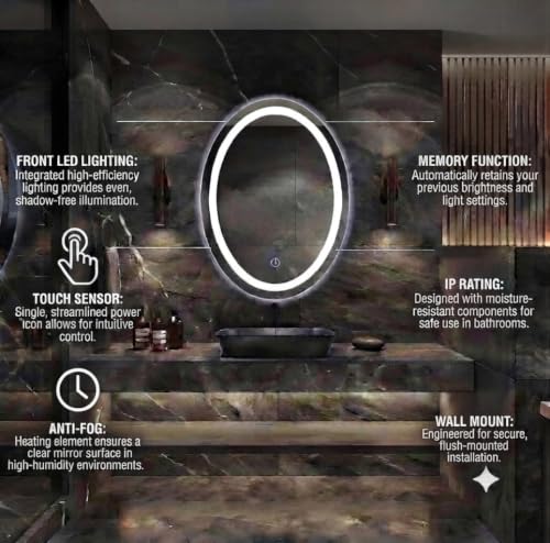 Image of 24 x 18 Inch Oval LED Bathroom Mirror | Touch Sensor, 3 Colour Dimmable Warm Neutral Daylight, Frameless, Lighted Wall Mirror, For Bathroom Bedroom