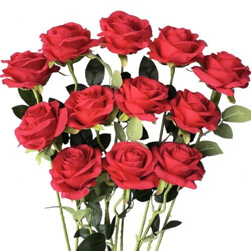 12PCS Artificial Rose Flowers Bouquet Long Stem Fake Rose Flowers Silk Realistic Blossom Rose Plants for Home Garden Wedding Office Decoration (Red) image 6