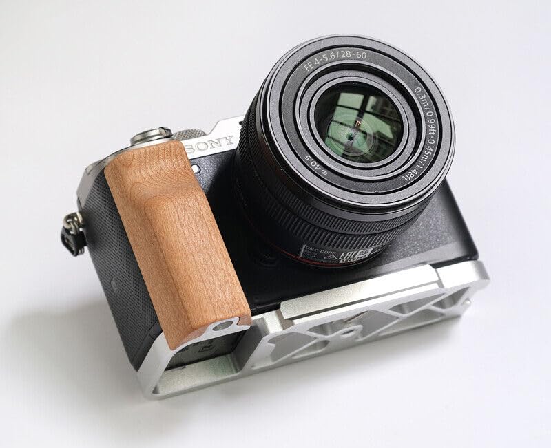 QR L Handle Hand Grip Wood Handle + Alloy Baseplate for Sony A7C Camera Holder (Cherrywood + Sliver Alloy Baseplate)