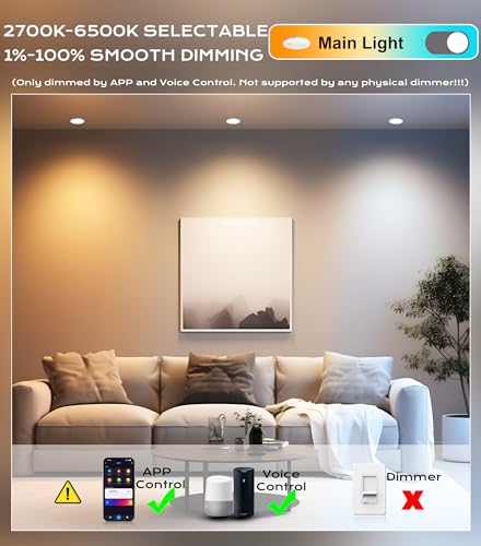 Image of [6 Pack] CLOUDY BAY 3 Inch RGB Smart Recessed Lighting with Gradient Accent Light and Night Light,2700K~6500K,7W Recessed Lights Ultra-Thin Downlight Compatible with Alexa and Google Home Assistant