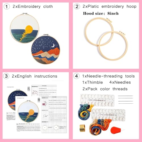 Image of Armindou Hand Embroidery DIY Kits for Beginners Adults, Sea Sunrise Embroidery Set Needlepoint Kits, Stamped Cross Stitch Kits for Beginners Adults, 2 Embroidery Hoops, Fabric(Attached Video Tutorial)