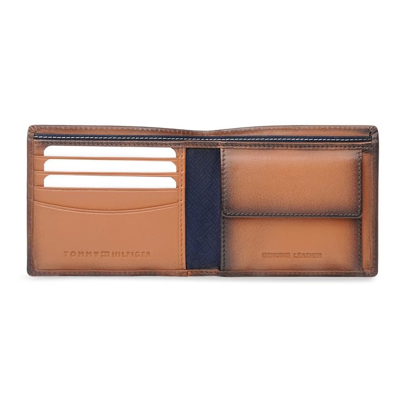 Image of Tommy Hilfiger Men's Leather Global Coin Wallet Gistel - Tan | Slim Bifold with 4 Card Slots, 2 Bill CompartMen'sts & 6-Month Warranty | Stylish Purse for Men's