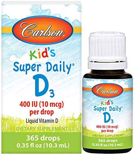Carlson - Kid's Super Daily D3, Kids Vitamin D Drops, 400 IU (10 mcg) per Drop, Heart Health, Immune Support, Vegetarian, Liquid Vitamin D Drops, Unflavored, 365 Drops