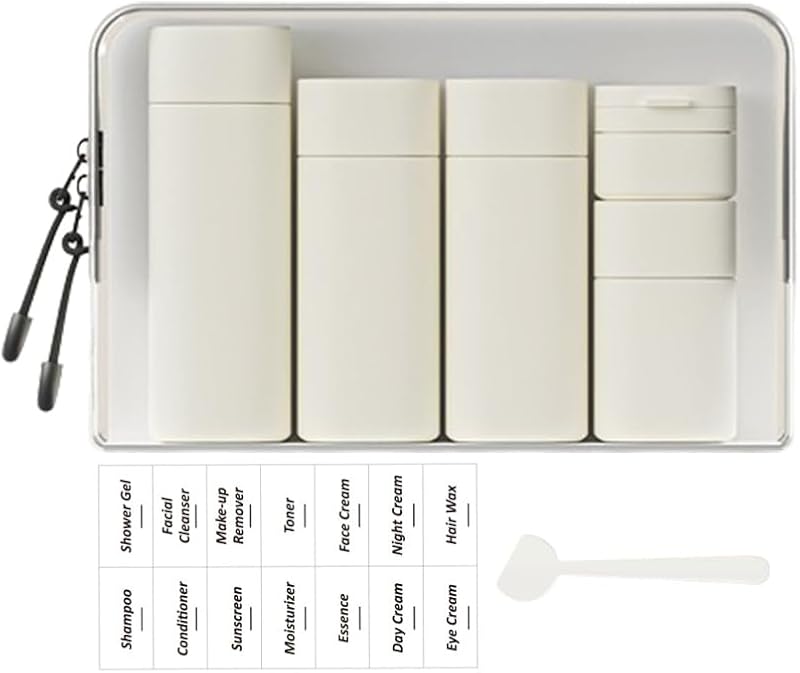 Frascos de viagem espremíveis Sprigold, 5 unidades, com bolsa e etiquetas – Nordic white