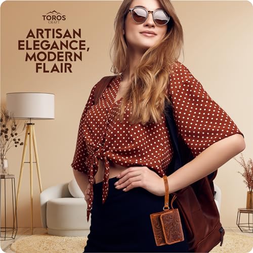 Toros Craft Handmade Leather Wallets for Women, Western Wristlet Wallets, Floral Leather Small Credit Card Holder with Zipper, Minimalist & Cute Coin Pouch, Genuine Leather, Camel3