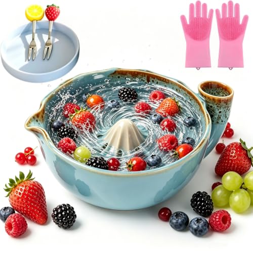 2026 New Berry Whirlpool Bowl Ceramic, Ceramic Berry Washing Bowl, Self Spinning Berrys Washing Bowl Ceramics with Drain Holes, Kitchen Basket for Strawberries, Blueberries, Grapes, Vegetables (I)
