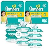 Pampers Swaddlers Disposable Baby Diapers Size 4, 2 Month Supply (2 x 150 Count) with Sensitive Water Based Baby Wipes 12X Multi Pack Pop-Top and Refill (1008 Count)