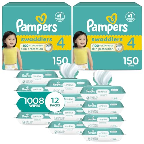 Image of Pampers Swaddlers Disposable Baby Diapers Size 4, 2 Month Supply (2 x 150 Count) with Sensitive Water Based Baby Wipes 12X Multi Pack Pop-Top and Refill (1008 Count)