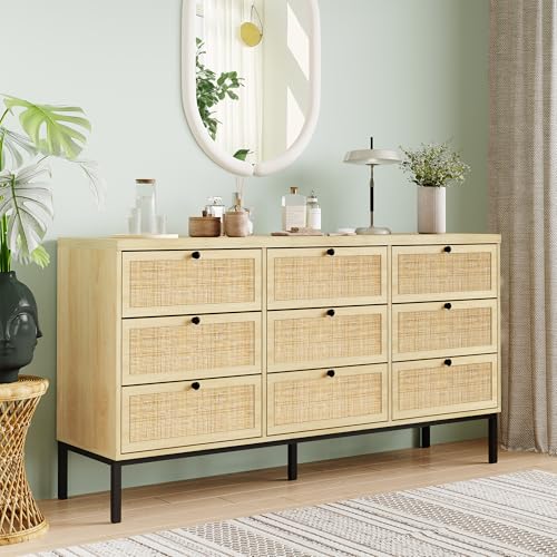 Yechen 59" Wide 9 Drawers Rattan Dresser, Light Wooden Chest of Drawers, Large Boho Dressers with Smooth Metal Slides, Mid-Century Natural TV Stand, Organizer for Bedroom Nursery Closet