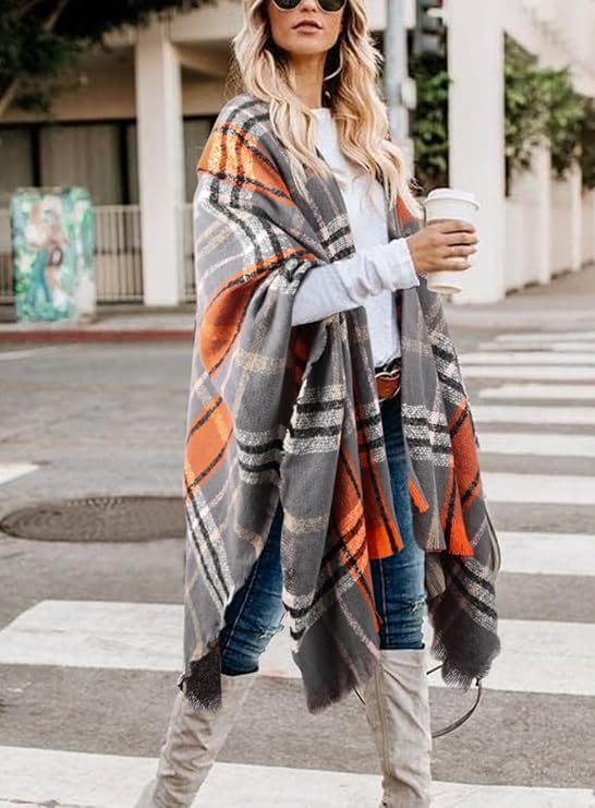 Image of LittleMax Shawls and Wraps for Women, Knit Open Front Boho Cardigan Plaid Shawl Cape, Orange Brown