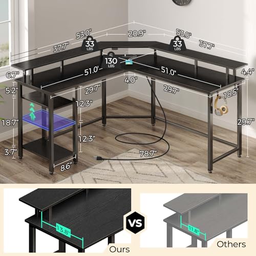 Image of Rolanstar Computer Desk 56 inch with Power Outlets USB Ports & LED Strip,Reversible L Shaped Desk with Monitor Stand & Storage Shelf,L Shaped Gaming Desk with Hooks,Home Office Desk, Black