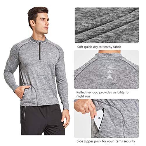 BALEAF Men's 1/4 Zip Long Sleeve Running Shirts Lightweight Pullover Quick Dry Zipper Pocket Heather Gray Size M