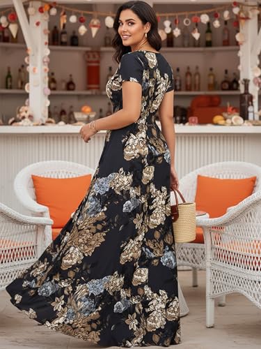Image of KOH KOH Womens Long Floral Print Cap Sleeve Modest Flowy Summer Maxi Dress Gown