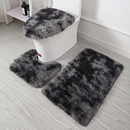 ARLTTH 3er Set Batik Badematten Set Aus Weichem Plüsch, rutschfest, Saugfähig, Badezimmerteppich, U-förmiger Konturteppich Und Toilettendeckelbezug, Waschbar (Schwarz) – Bild 3