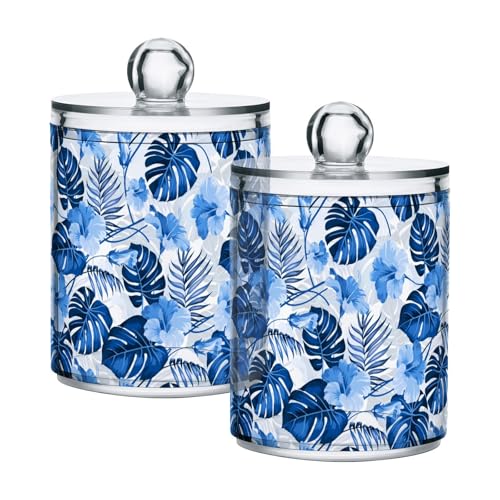 JJoias Blue-tropical-leaves-white Qtip Holder Dispenser, Apothecary Jars, Cotton Balls Pads Swabs Holder Jar, Organizers with Lid, 2 pack