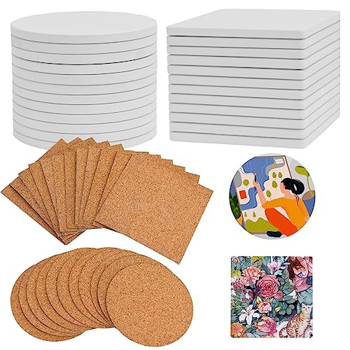 COYMOS 24 Pcs Ceramic Tiles for Crafts White Ceramic Coasters for Crafts Blank Unglazed Ceramic Tile 4x4 for Painting Alcohol Ink Acrylic Pouring DIY Coaster Cork Backing Pads Included