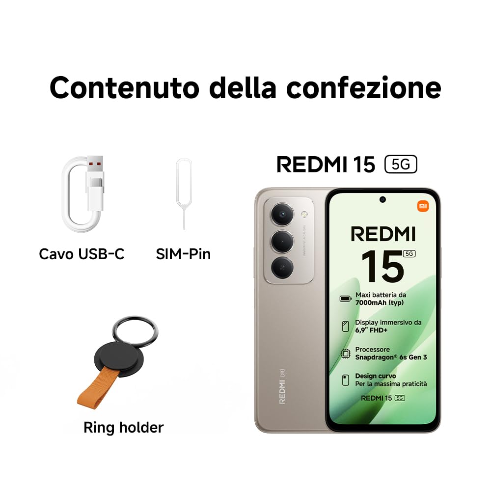 Xiaomi Redmi 15 5G, Smartphone 8+256GB, Display FHD+ da 6,9" 144Hz, Snapdragon® 6s Gen 3, Camera principale da 50MP, 7000mAh, Garanzia di 2 anni, Nero, Caricabatterie non incluso