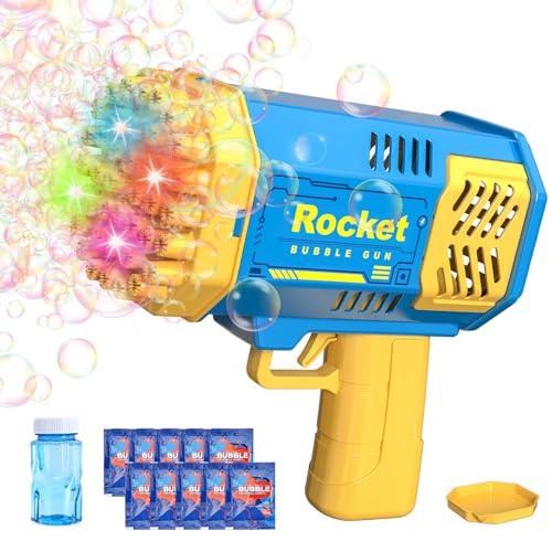 Rocket Bubble Gun Machine Set with 2 Bubble Solution Bottles,40hole 5000+Bubbles per Minutes,Summer Bubble Toys for Kids Blue and Pink (Blue)