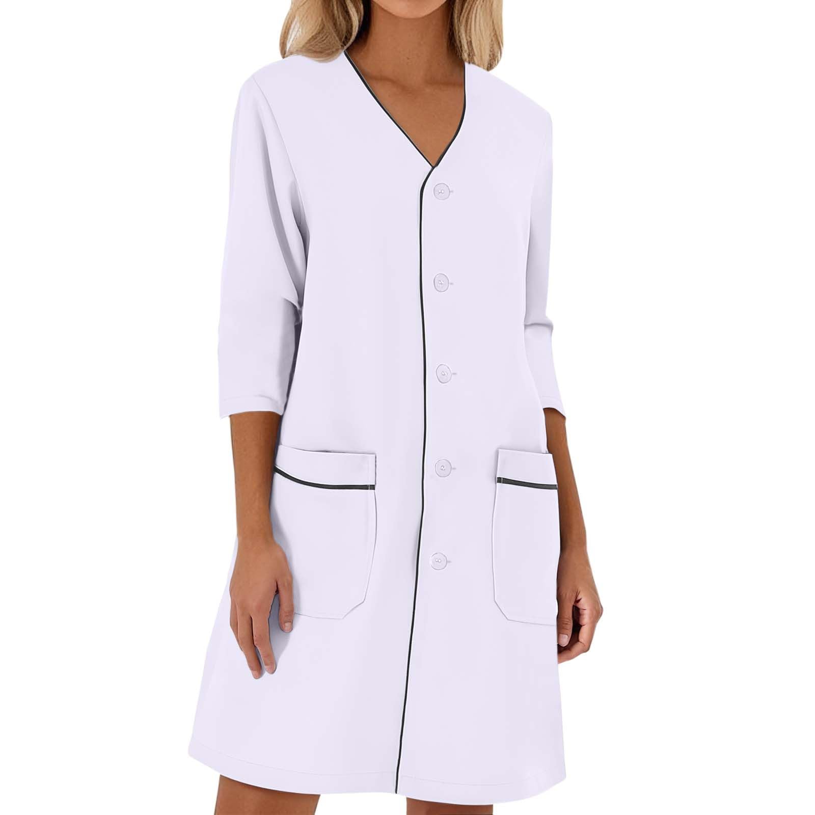 White Nurse Cross Scrubs Dress Uniforms Womens Wrap Working Knee Length V Neck Casual Short Sleeve Nursing Dress with Pockets Nursing Dresses,White,
