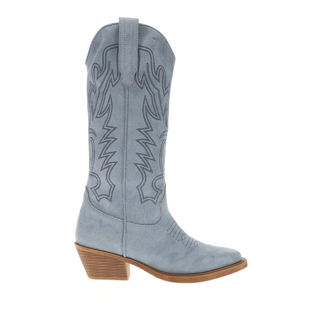 ROPER Womens Kit Laser Embroidered Square Toe Pull On Casual Boots Mid Calf Low Heel 1-2 - Blue