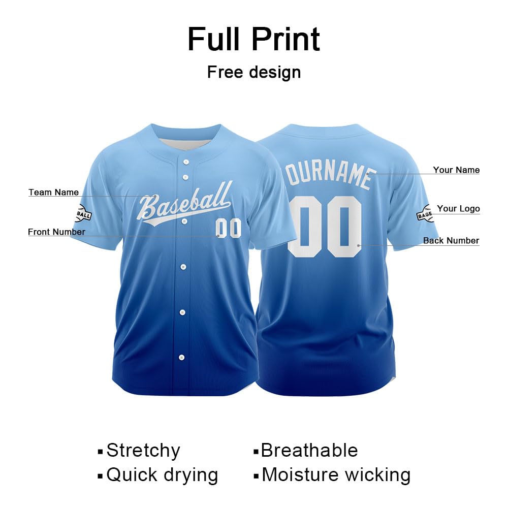 Custom Gradient Baseball Jersey Print Personalized Name, Number and Logo for Men Women Kids (Light Blue-Blue)
