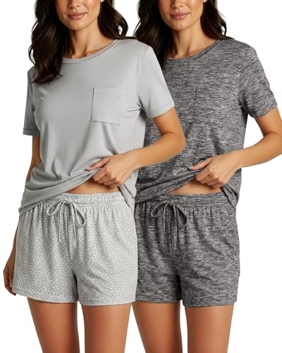 Image of Real Essentials 2 Pack: Women's Short Sleeve Pajama Short Set - Comfy Lightweight Soft Lounge Sleepwear (Plus
