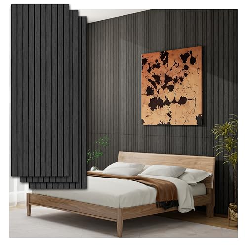 Peel and Stick Acoustic Wall Panels 8-Pack 43.3“ * 11.8” – 3D Wood Slat Sound Absorbing Panels for Home Theater, Office & Bedroom – Easy DIY Installation, Black Finish