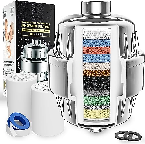 Image of FEELSO 15 Stage Shower Sedimentation Filter With Vitamin C For Hard Water - High Output Shower Water Filter To Remove Chlorine And Fluoride - 2 Cartridges Included Water Flow Showerhead Filter,Silver