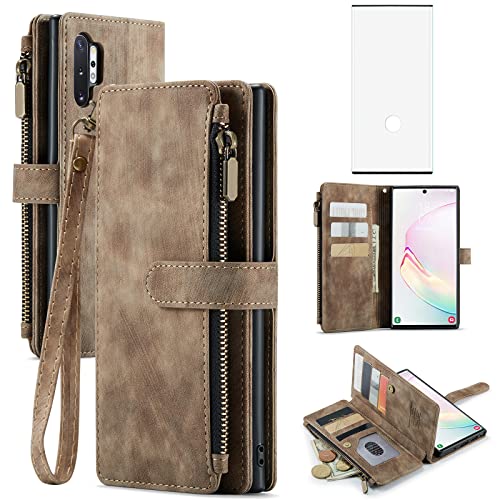 Asuwish Funda para Samsung Galaxy Note 10 Plus con Cristal Templado Protector Pantalla Pelicula Protectora Libro Cuero Piel Tarjetero Note10+ 5G Note10 + 10+ 10Plus Tapa Carcasa Capa Case Marrón