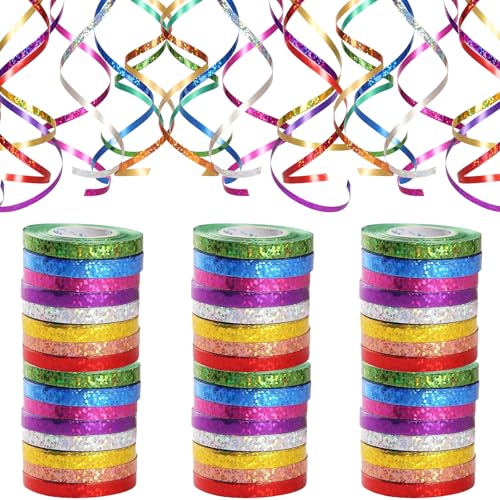 Waziwe 480 metres de Ruban Cadeau emballage, 48 bolducs Pailletes en 8 Couleurs, Parfait pour Ruban Mariage, ficelle ballon et Diverses Occasions Festives