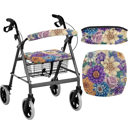 Rerteryuro Rollator Walker with Seat Cover Walker Accessories Boho Flower Rollator Walkers for Seniors with Seat Cover Set Stretchable Protection Covers