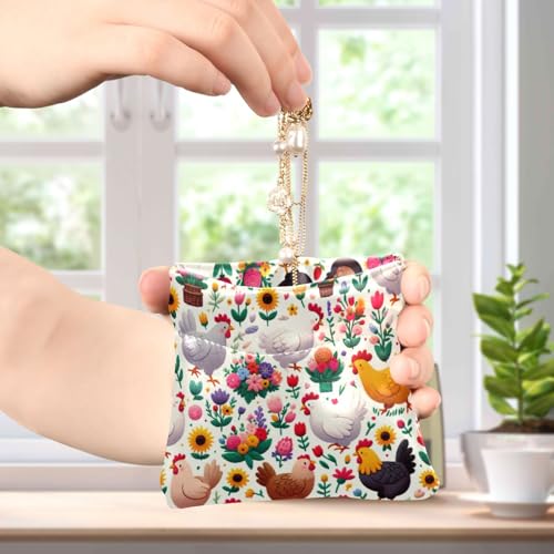 Chickens with Flowers Coin Purse Leather Pouch Change Purse, Squeeze Coin Pouch for Cards, Keys & Lipsticks, Unisex4