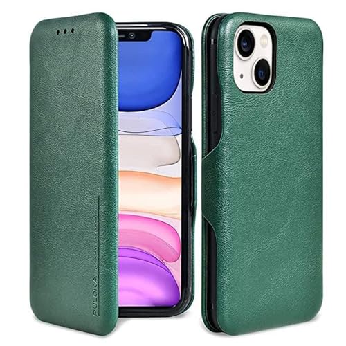 Image of PULOKA for iPhone 14 - Sleek Flip Case - Premium Vegan Leather Phone Cover with Card Slot - Slim, Durable, Privacy Protection - Kickstand Function - Elegant Flip Wallet Cases for Apple - Green