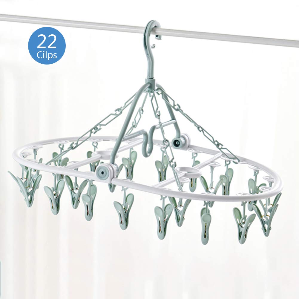 PeiQiH Drying Rack Airer Clothes Hangers, Foldable 360° Swivel Hook Plastic Laundry Hangers 22 Cilps For Socks Lingerie Has Glove Baby Clothing-green-22 Cilps 49.5x33.5x32cm