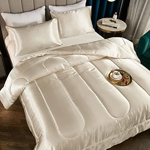 Bedding_Dreamer Satin Comforter Queen Silk Like Cream Comforter Silky Alternative Down Comforter Soft Beige Polyester Filling Luxury Silky Comforter 1 Comforter 2 Pillowcases (Queen, Beige) Cover