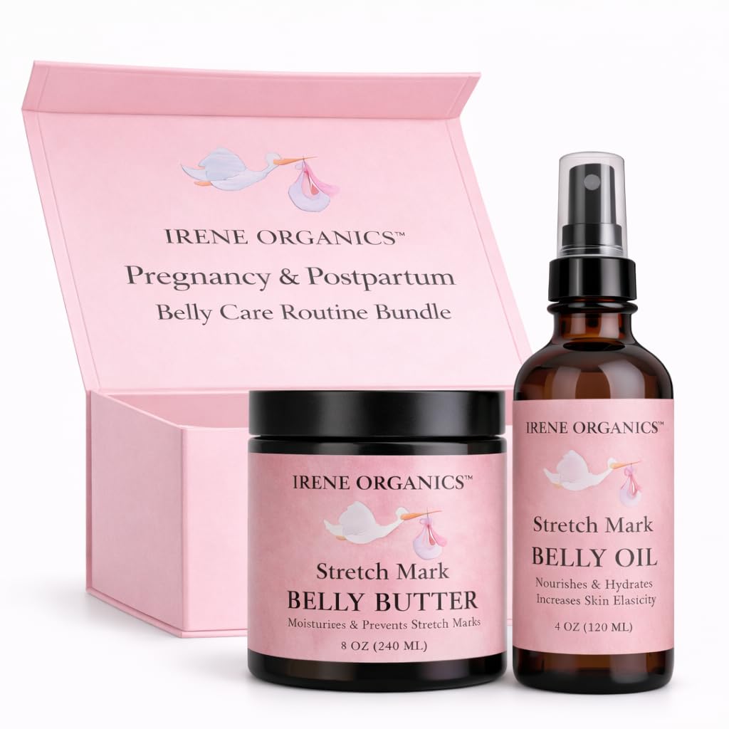 Belly Bundle by Irene Organics - Organic Belly Butter and Oil for Pregnancy Stretch Mark Prevention and Treatment - Award Winning Skincare For Pregnancy and Postpartum - Mother's Day Gift Set (Large)