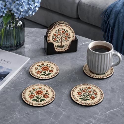Image of Zesta Coasters for Cups Set of 6 / Wooden Coasters for Bar Accessories for Home /Tea Coaster Set of 6 / Waterproof Dining Table Decor Glass Cover (Floral, Circle)