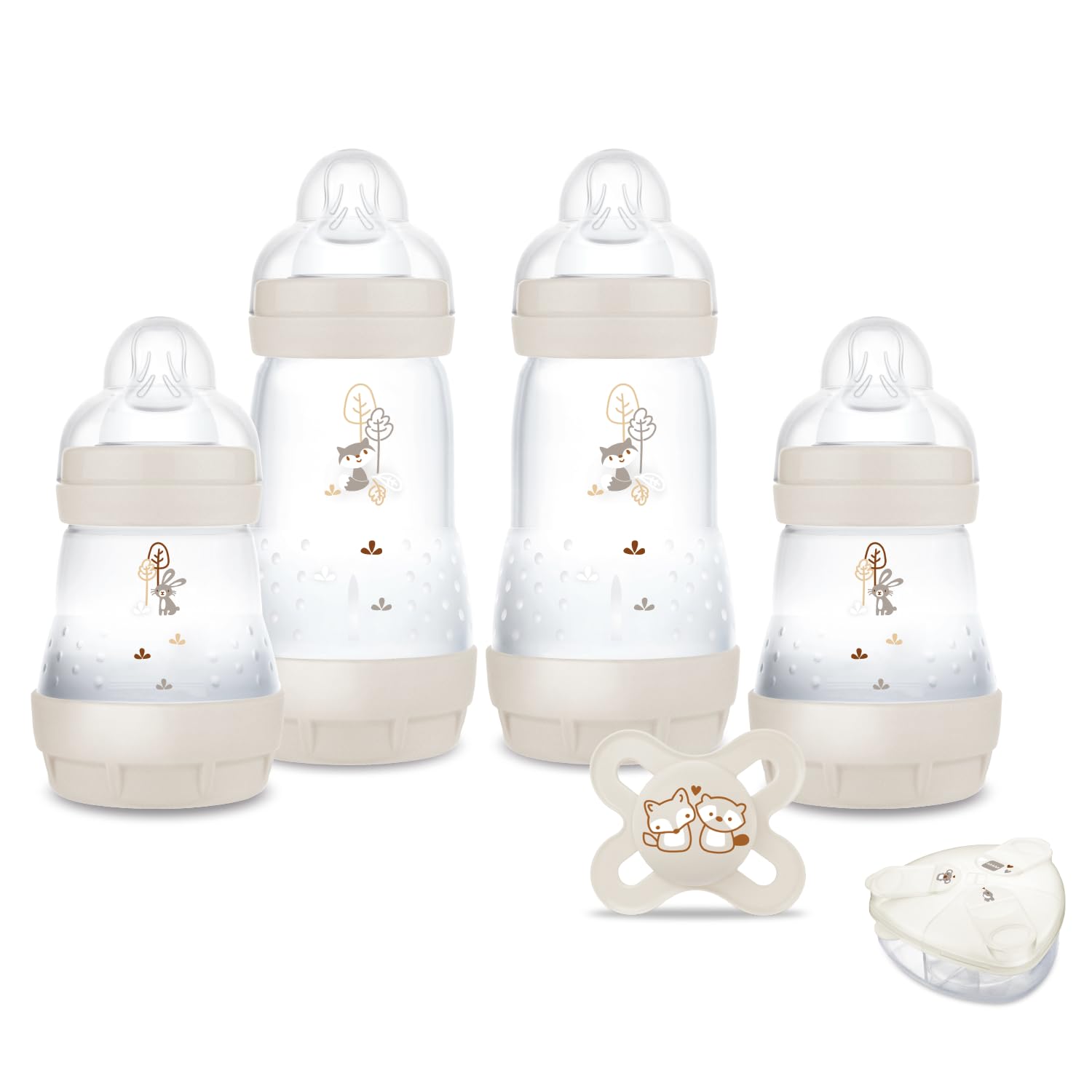 MAM|Mon coffret Naissance(6 produits)​Sable 4 biberons Easy Start Anti-​Colique+​1 sucette Naissance+​1 boîte doseuse offerte–Cadeau de naissance idéal avec biberons et tétine ultra douce-​dessin aléatoire